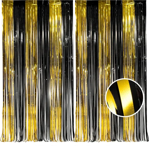 BRAVESHINE Cortinas de flecos de lámina de oro negro de 3.2 x 8.2 pies, paquete de 2 cabinas de fotos de oropel para decoración de graduación,