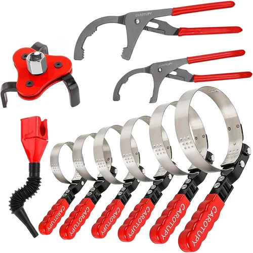 Miniatura 12 de Juego de 8 llaves de filtro de aceite, alicates de filtro de aceite ajustables de 12 pulgadas con embudo de aceite flexible, herramienta