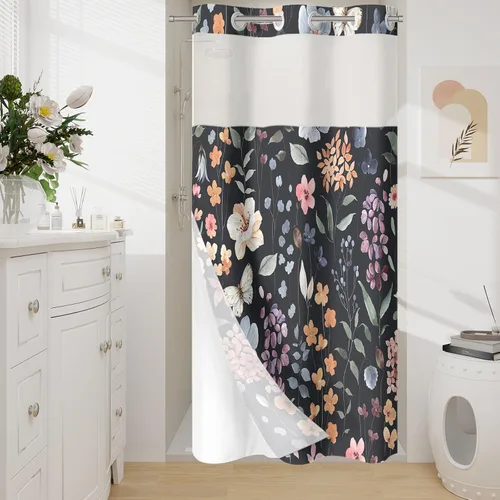 Juego de cortina de ducha pequeña sin ganchos Litabel, color negro con flores de acuarela y forro, cortinas de ducha con flores con forro a presión