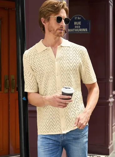 Miniatura 7 de JMIERR Suéter casual de punto de ganchillo para hombre, polo de manga corta, con botones, camisas de playa