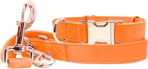 Miniatura 11 de Juego de collar y correa de cuero suave para perro (6.6 pies), elegante hebilla de metal resistente de oro rosa, correa de 4 longitudes ajustables