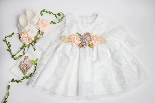 Miniatura 2 de Vestido de niña recién nacida, bautizo, vestido blanco bordado de encaje para bebé 0-3, vestido de niña de flores recién nacidas
