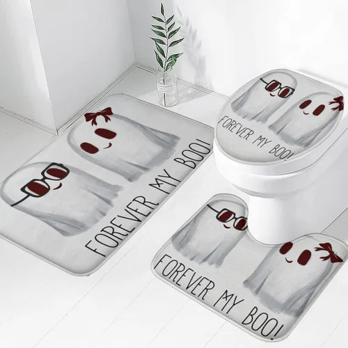 Miniatura 16 de Tapete de baño de 3 piezas de otoño con diseño de calabaza, color azul y verde, hojas de arce, cosecha, decoración de Acción de Gracias, juego