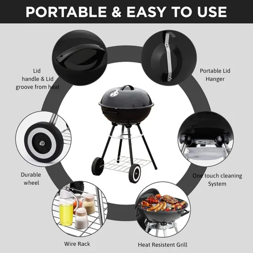 Miniatura 2 de Parrilla de carbón portátil de 18 pulgadas – Parrilla BBQ redonda de alta resistencia con tazón de parrilla engrosado, resistente con 4 patas