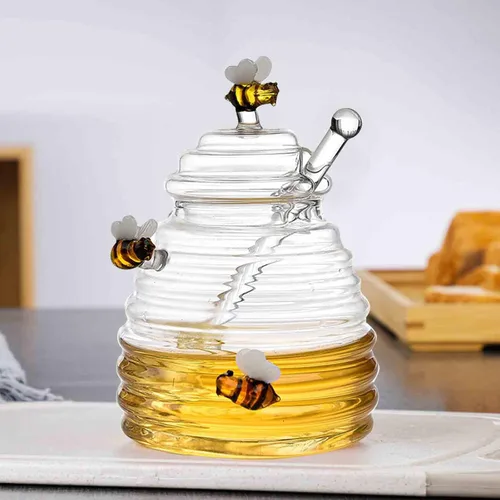 Miniatura 2 de PHEZEN Tarros de miel con tapa y tapa con tapa y tarro grande de vidrio con estatua de abeja, recipientes de miel, dispensador de miel de vidrio