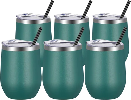 Miniatura 27 de VEGOND - Vaso de vino de acero inoxidable de 12 onzas con tapa y popote, vaso de vidrio de vino aislado de doble pared sin tallo, taza de café