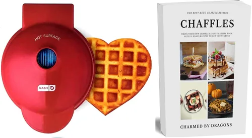 Dash Mini Waffle Iron de 4 pulgadas con el mejor libro de recetas de chafle Keto y diario de Charmed By Dragons (4 pulgadas mini corazón rojo)