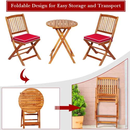 Miniatura 6 de Tangkula Juego de 3 piezas de sillas y mesa de madera de acacia para exteriores, con cojín acolchado y mesa de centro redonda, ideal para patio Rojo