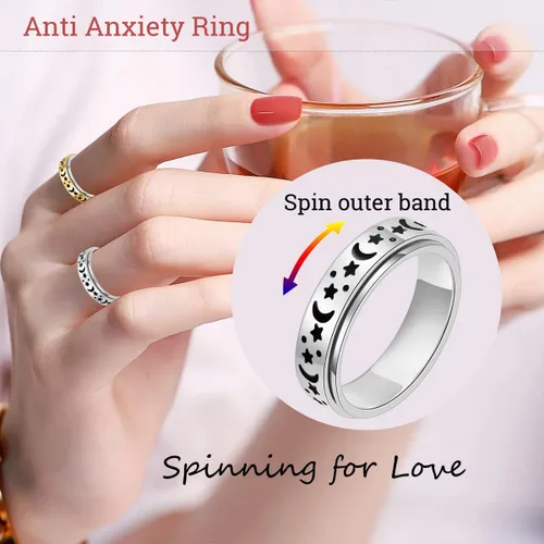 Miniatura 4 de OreilleStar Anillo de Ansiedad para Mujeres Anillo Fidget de Acero Inoxidable Juguetes Fidget para Adultos Anillos Giratorios Plateados Luna