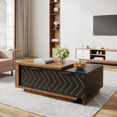 Miniatura 4 de Tribesigns - Mesa de café extensible con 2 cajones de almacenamiento, mesa central de dos tonos con tablero deslizante, mesa de cóctel rectangular