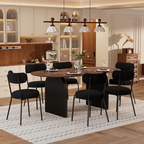 Miniatura 9 de Juego de mesa de comedor ovalada moderna de 70 pulgadas con 6 sillas de tela Boucle, mesa de MDF y base resistente a rayas, muebles de cocina