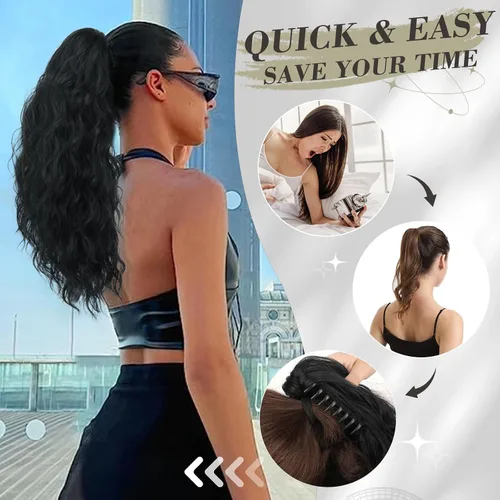 Miniatura 4 de BARSDAR Extensión de cola de caballo negra, extensiones de cabello de cola de caballo con clip de garra de 18 pulgadas para mujer, extensiones