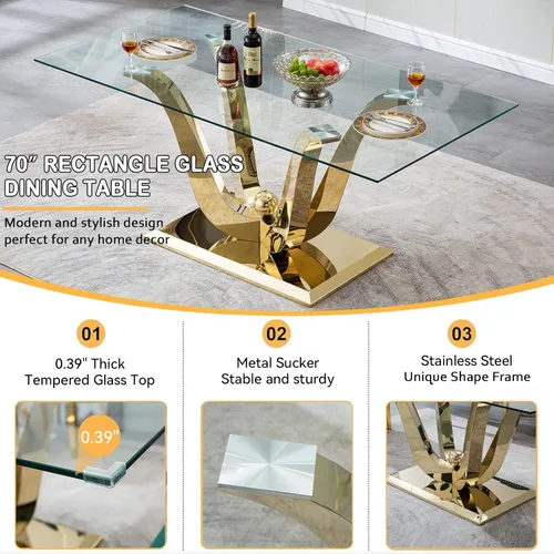 Miniatura 5 de Mesa de comedor moderna de vidrio de 70 pulgadas para 6-8, mesa de comedor de cristal dorado de lujo con base de acero inoxidable en forma de flores