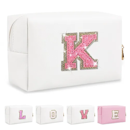 Miniatura 333 de Pequeña bolsa de maquillaje personalizada con inicial A-Z Preppy Patch, bolsa de cosméticos de viaje de felpilla blanca con cremallera, bonita bolsa