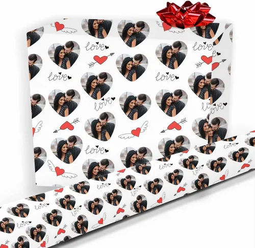 Miniatura 20 de Artsadd Papel de regalo personalizado con texto con imagen para aniversario, día de San Valentín, papel de regalo con foto personalizada con corazón