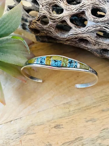 Miniatura 2 de Navajo - Pulsera de plata de ley y luna azul natural con incrustaciones de turquesa, Metal, turquesa
