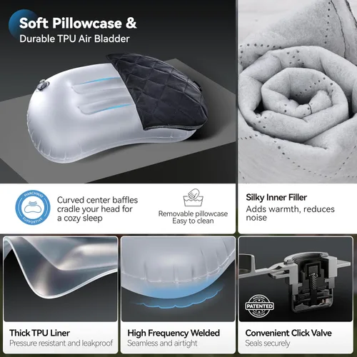 Miniatura 3 de MARCHWAY Almohada de acampada ultraligera inflable con funda lavable suave, almohada de aire portátil y compresible compacta para dormir al aire