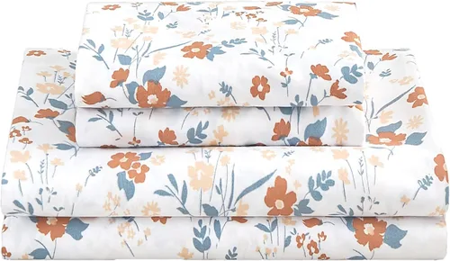 Miniatura 23 de Softan Sábanas de flores naranjas para cama de tamaño King, sábanas estampadas con estampado floral – Sábanas bajeras de microfibra suave