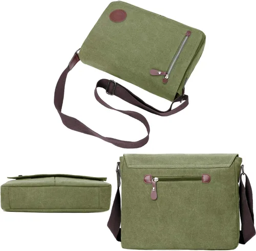 Miniatura 8 de Bolso bandolera de lona vintage para hombres y mujeres, bolsa de hombro de viaje para laptop de 13.5 pulgadas, bolsa para libros (verde militar)