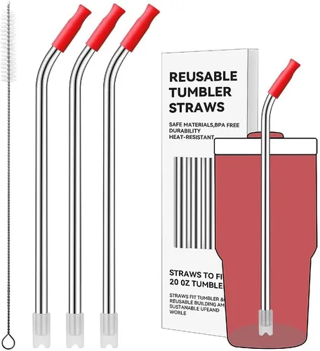 Miniatura 92 de Pajitas de metal rectas para vaso Stanley de 40 onzas, paquete de 3 popotes reutilizables de acero inoxidable con puntas de silicona y cepillo Gris