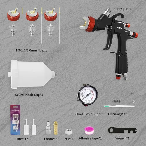 Miniatura 7 de RRJ Pistola de pulverización de aire A610 LVLP, pistola de pintura R500 LVLP versión actualizada, boquillas de 1.3/1.5/0.067 in y regulador de aire