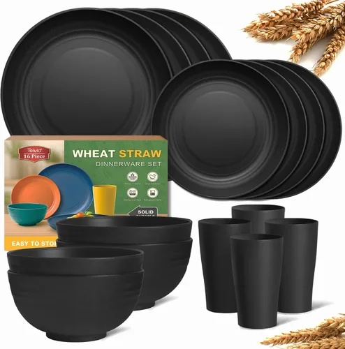 Miniatura 10 de Teivio Juego de vajilla de plástico de paja de trigo de 16 piezas, servicio para 4, platos de cena, plato de postre, tazones para cereales, tazas