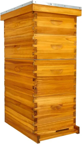 Honey Lake Colmena de abejas de 8 marcos sumergida en cera de abejas, el kit completo de iniciación de colmenas de colmena Langstroth incluye 2