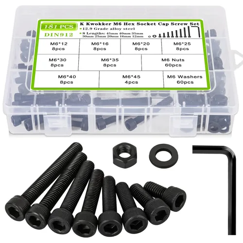 Miniatura 9 de 181 tornillos M6 surtidos de 8 longitudes de 0.472 in a 1.772 in, kit de tornillos y tuercas de cabeza de botón hexagonal, tornillos y tuercas
