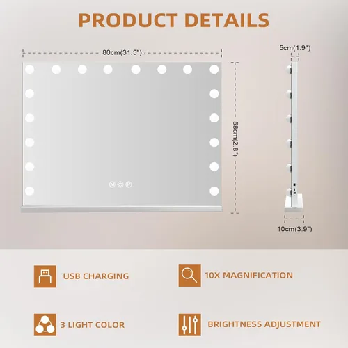 Miniatura 6 de Hansong 32x23'' Espejo grande de tocador con control de selfie Bluetooth, espejo ultra delgado estilo Hollywood con 18 bombillas, espejo