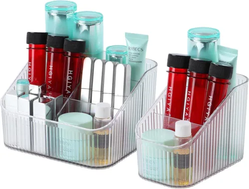 Miniatura 14 de Organizador de brochas de maquillaje ámbar para tocador, organizador de encimera de baño, 5 tazas, almacenamiento y exhibición de artículos