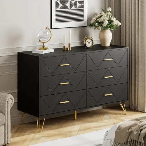 Miniatura 4 de JOZZBY Cómoda para dormitorio, cómoda de madera negra de 6 cajones con asas doradas, cómodas de almacenamiento modernas y cómodas para pasillo