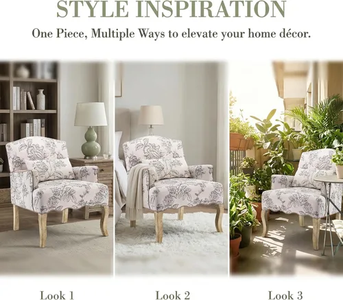 Miniatura 5 de Silla decorativa floral cómoda de tela, cómoda silla de lectura tapizada moderna con almohada extraíble con respaldo alado para sala de estar, Beige
