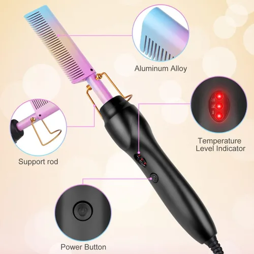 Miniatura 3 de Hot Comb - Cepillo de cerámica portátil para alisar y rizar antiquemaduras, plancha plana eléctrica con calefacción y peine para presionar la barba