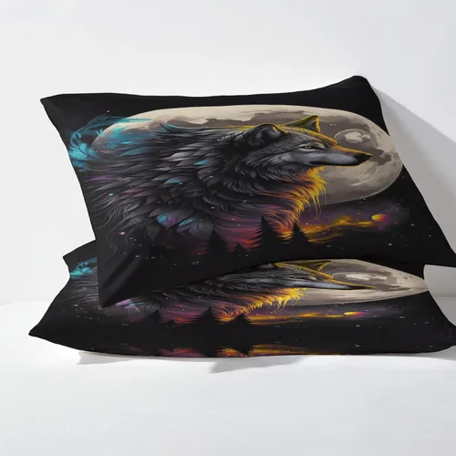 Miniatura 3 de Sábanas de lobo tamaño individual, sábanas de luna de lobo, sábanas y fundas de almohada estampadas de 3 piezas, sábana bajera ajustable