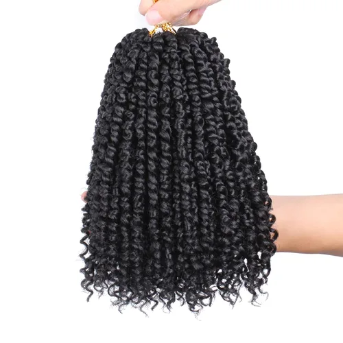 Miniatura 2 de Leeven 8 paquetes de 8 pulgadas, extensiones de cabello trenzado de ganchillo pretrenzado con rizos en los extremos, color negro natural