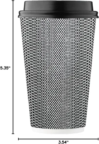 Miniatura 8 de Paquete de 85 tazas de café desechables de 16 onzas, vasos de papel de doble pared con tapas, diseño geométrico blanco y negro, tazas para beber