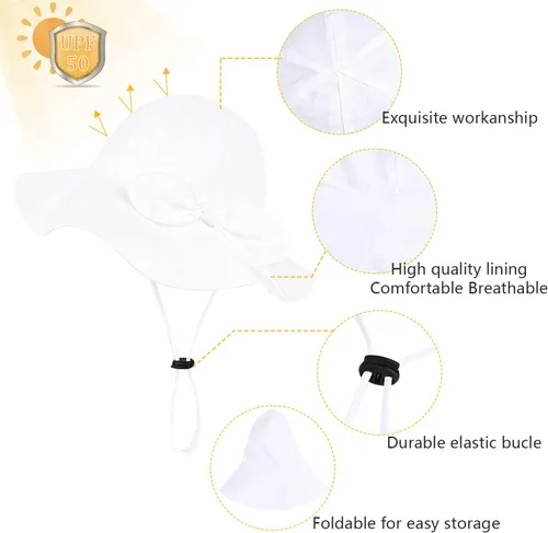 Miniatura 37 de Sombrero de sol para bebé niña con UPF 50+ sombrero de playa ajustable para exteriores con ala ancha