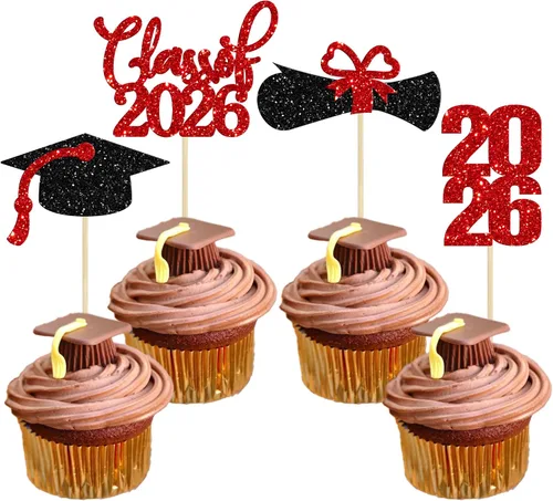 Miniatura 26 de 24 piezas 2026 decoraciones para cupcakes de graduación 2026 con purpurina clase de 2026 para graduación de graduación para felicitaciones 2026
