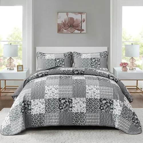 Miniatura 40 de Mybedsoul Juego de edredón bohemio beige tamaño individual, juego de colcha floral a cuadros de 3 piezas, juego de ropa de cama reversible