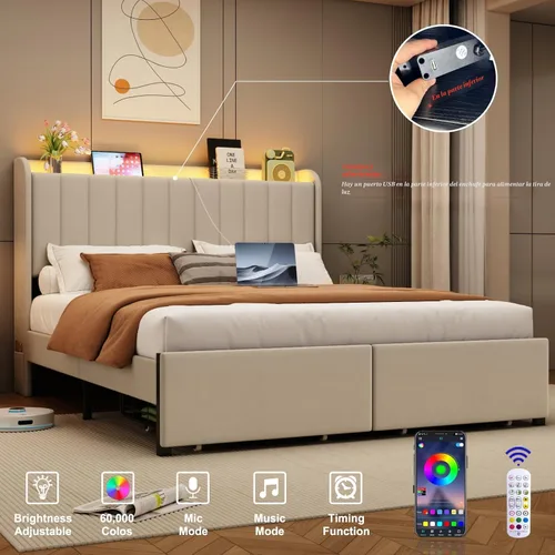 Miniatura 4 de Base de cama tamaño queen con cabecera de almacenamiento y 2 cajones, base de cama tapizada con luces LED y práctica estación de carga, no necesita