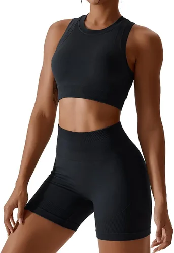 Miniatura 96 de Conjuntos de entrenamiento para mujer, 2 piezas, sin costuras, acanalada, sin mangas, brasier deportivo, cintura alta, pantalones cortos