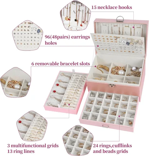 Miniatura 2 de BOOVO Joyero de pendientes para mujeres y niñas, organizador de joyas de 5 capas con candado, organizador de aretes, collar y anillos, caja