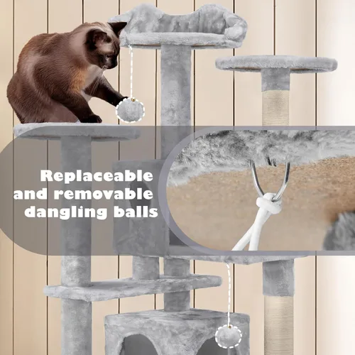 Miniatura 6 de Yaheetech - Torre de árbol para gatos de 54 pulgadas, con postes para arañar, condominios dobles y bolas colgantes, para gatitos, casa