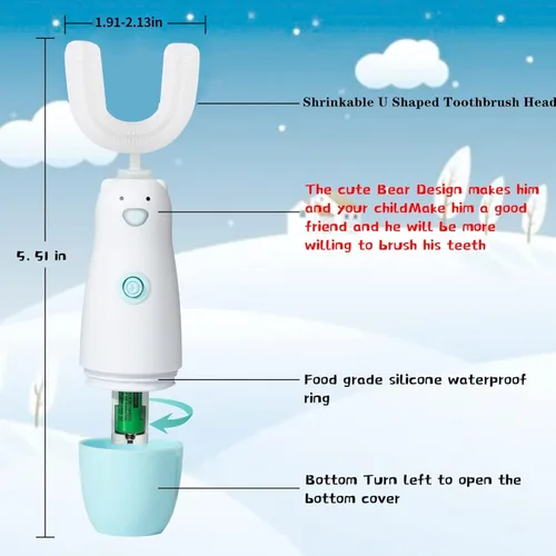 Miniatura 5 de Meqtpomy Cepillo de Dientes Eléctrico para Niños, Cepillo de Dientes en Forma de U Impermeable a Batería 360 Automático Sónico para Niños Pequeños