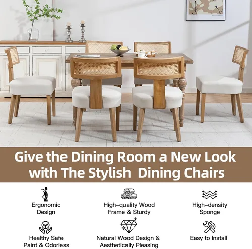 Miniatura 3 de ZJhome Juego de 4 sillas de comedor de ratán modernas de mediados de siglo, sillas decorativas tapizadas de lino con respaldo curvo, marco de madera