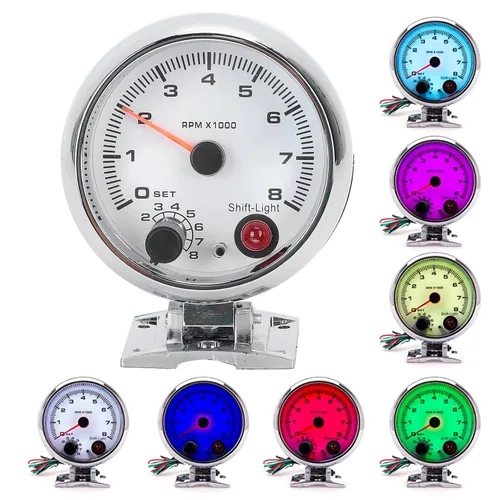 Tacómetro de coche de 3.75 pulgadas, 0-8000 RPM, 7 luces de fondo de color, medidor de tacómetro, para vehículos de gasolina de 4/6/8 cilindros y 12