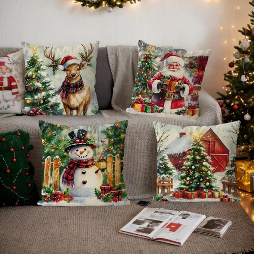 Miniatura 5 de Juego de 4 fundas de almohada de Navidad, muñeco de nieve, Papá Noel, Derr, decoración de Navidad, para el hogar, sofá, sala de estar, funda