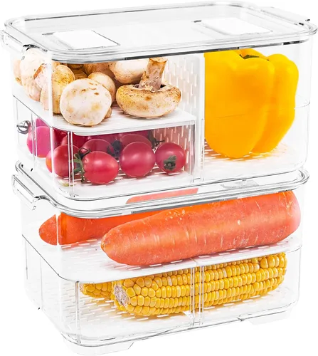 elabo Contenedores de almacenamiento de frutas para refrigerador, organizador apilable para refrigerador, contenedor de almacenamiento y colador con