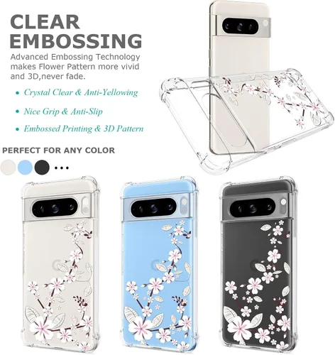 Miniatura 2 de Funda transparente floral para Pixel 8 Pro para mujeres/niñas, bonita funda de teléfono para Google Pixel 8 Pro, diseño de flores, delgada, suave