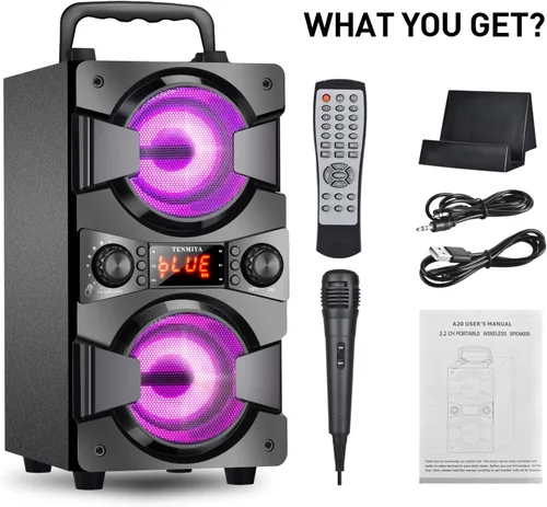 Miniatura 8 de Altavoces Bluetooth de 60 W, altavoz inalámbrico portátil con subwoofer doble, graves pesados, radio FM, micrófono, luces, ecualizador remoto, caja